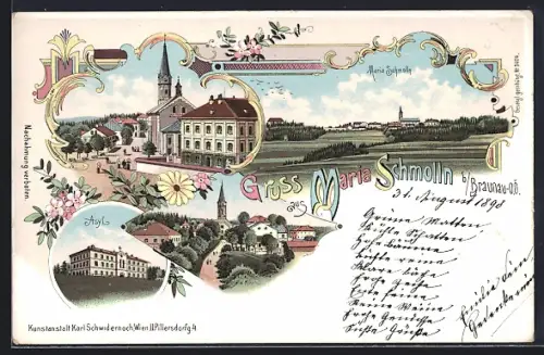 Lithographie Maria Schmolln, Strassenpartie bei der Kirche, Blick auf das Asyl