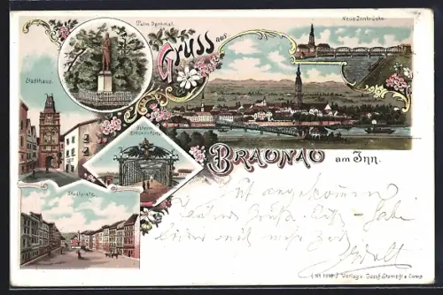Lithographie Braunau a. Inn, Totalansicht, Stadthaus, Stadtplatz, Neue Innbrücke