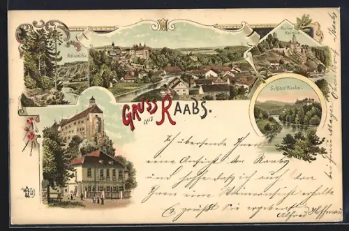 Lithographie Raabs, Hotel Eder, Schloss Raabs, Reismühle, Ruine Kolmitz