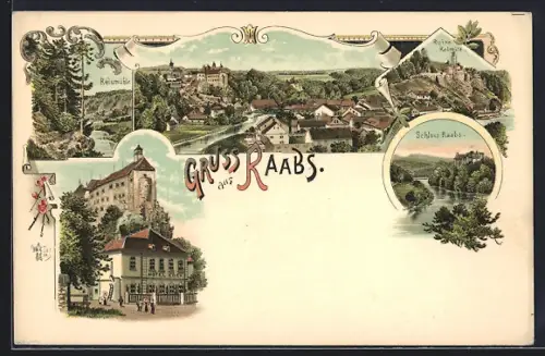 Lithographie Raabs, Reismühle, Schloss Raabs, Ruine Kolmitz