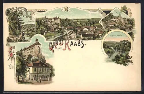 Lithographie Raabs, Hotel Eder, Schloss Raabs, Ruine Kolmitz, Reismühle