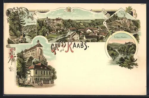 Lithographie Raabs, Reismühle, Schloss Raabs, Ruine Kolmitz