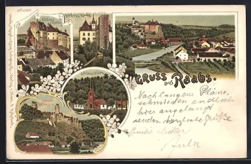 Lithographie Raabs, Totale am Thayaufer, Schloss Raabs, Ruine Kollmitz, Schiessstätte