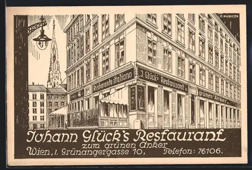 Künstler-AK Wien, Johann Glück`s Restaurant zum grünen Anker in der Grünangergasse 10
