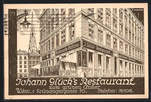 Künstler-AK Wien, Johann Glück`s Restaurant zum grünen Anker, Grünangergasse 10