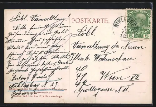 AK Wien, Genesungsheim für kriegsverletzte Eisenbahner, Hohenwartplatz 5 /6, Unterricht in der Stationsanlage