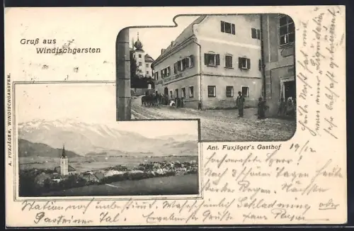 AK Windischgarsten, Ant. Fuxjäger`s Gasthof, Ortsansicht mit Bergpanorama