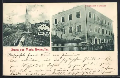 AK Maria Schmolln, Bürgmanns Gasthaus, Blick zur Kirche
