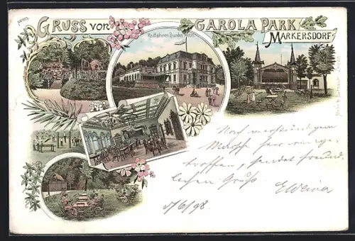 Lithographie Markersdorf / Chemnitztal, Bundes-Hotel, Aussenansicht u. Innenansichten