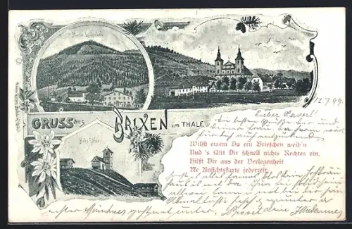 Lithographie Brixen im Thale, Maria Louisenbad, Blick auf die Kirche im Ort