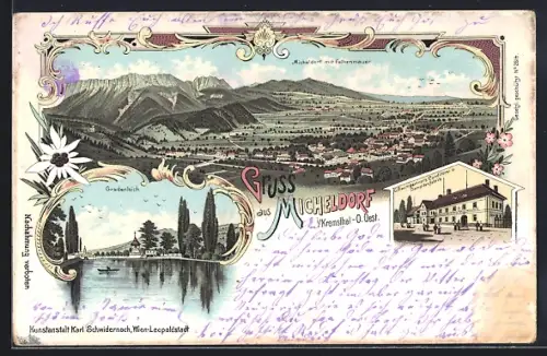 Lithographie Micheldorf i. Kremsthal, C. Baumgartner`s Conditorei u. Canditenfabrik, Gradenteich