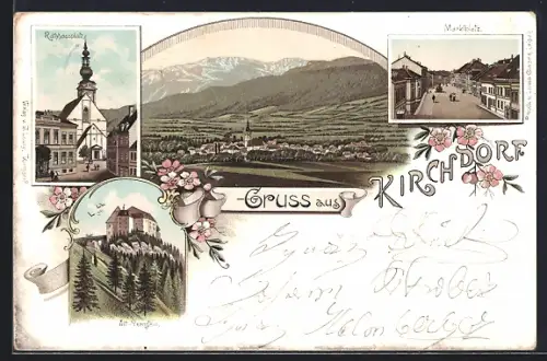 Lithographie Kirchdorf, Rathausplatz, Marktplatz, Atl-Pernstein