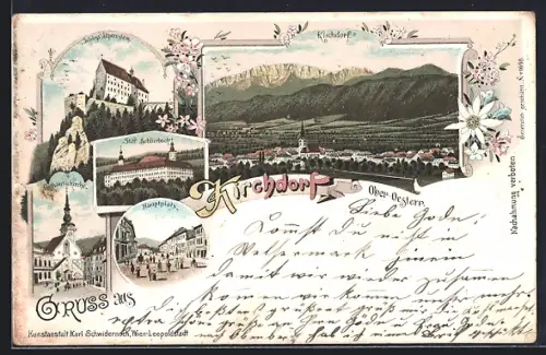 Lithographie Kirchdorf, Schloss Altpernstein, Stift Schlierbach, Hauptplatz