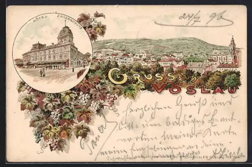 Lithographie Vöslau, Hotel Zwierschütz, Totalansicht