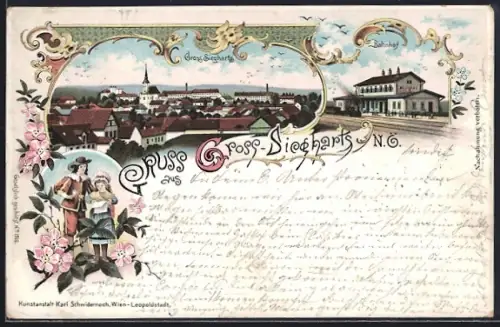 Lithographie Gross-Siegharts /N. Ö., Bahnhof, Ortsansicht mit Kirche