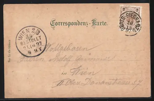 Lithographie Gross-Siegharts /N. Ö., Bahnhof, Ortsansicht mit Kirche