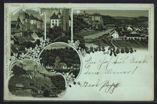 Mondschein-Lithographie Raabs, Schloss Raabs, Ruine Kollmitz, Schlossstädte