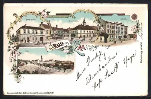 Lithographie Laa a. Thaya, Hotel Müller, Sparkasse, Schule