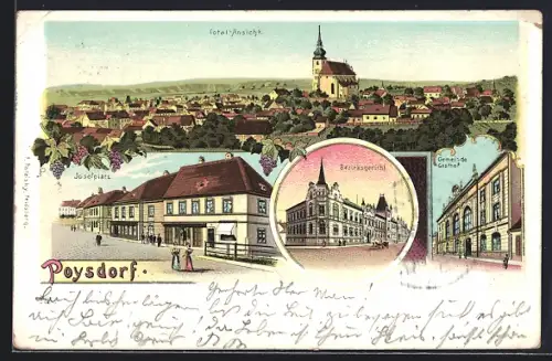 Lithographie Poysdorf, Gemeinde-Gasthof, Bezirksgericht, Josefplatz