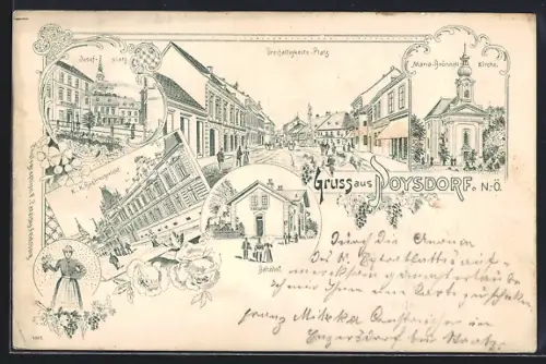 Lithographie Poysdorf /N. Ö., Bahnhof, Dreifaltigkeits-Platz, Josefplatz, K. K. Bezirksamt