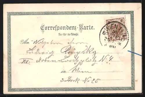 Lithographie Poysdorf /N. Ö., Bahnhof, Dreifaltigkeits-Platz, Josefplatz, K. K. Bezirksamt