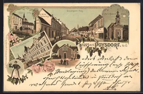 Mondschein-Lithographie Poysdorf /N. Ö., Bahnhof, Dreifaltigkeits-Platz, Josefplatz, K. K. Bezirksamt