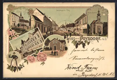 Mondschein-Lithographie Poysdorf /N. Ö., Bahnhof, Dreifaltigkeits-Platz, Josefplatz, Kirche