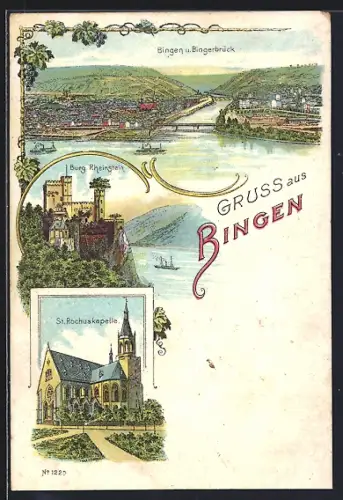 Lithographie Bingen / Rhein, Panorama mit Bingerbrücke, Burg Rheinstein und St. Rochuskapelle