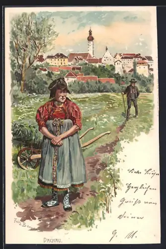 Künstler-AK Fritz Bergen: Dachau, Frau in Tracht, Ortsansicht