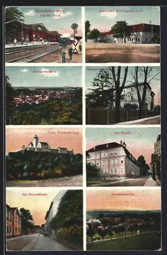 AK Neudietendorf, Gasthof der Brüdergemeinde, Neuestrasse, Bahnhof von der Gleisseite