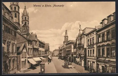 AK Worms a. Rhein, Neumarkt mit Strassenbahn