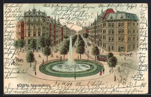 Lithographie Köln-Neustadt, Hohenstaufenring mit Strassenbahn