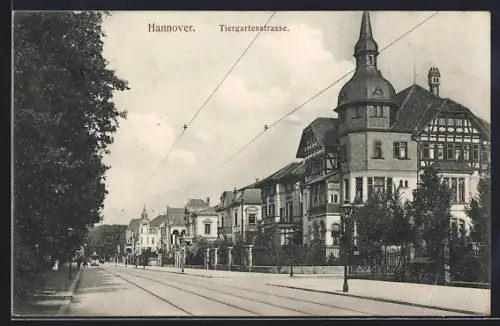 AK Hannover, Blick in die Tiergartenstrasse, Strassenbahn