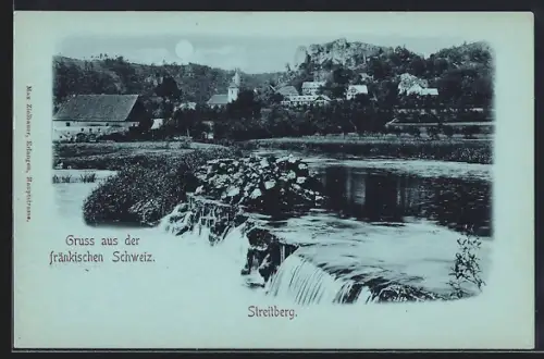 AK Streitberg /Fränkische Schweiz, Wasserfall mit Burgruine