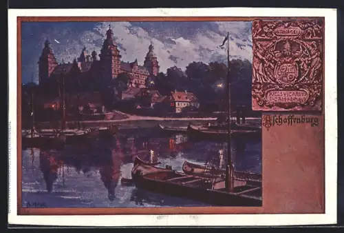 Künstler-AK Aschaffenburg, Ortsansicht mit Booten