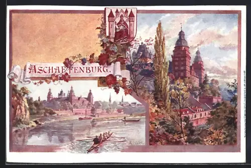 AK Aschaffenburg, Burg vom Wasser aus gesehen, mit Ruderboot