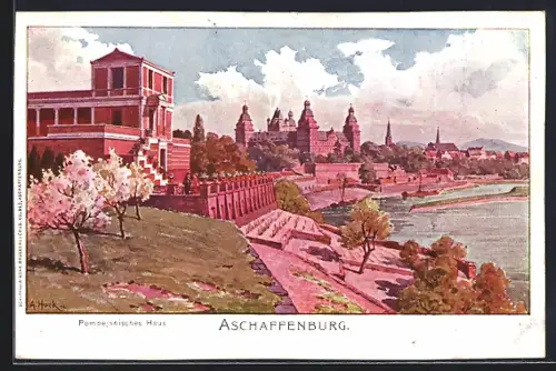 Künstler-AK Aschaffenburg, Pompejanisches Haus mit blühenden Bäumen