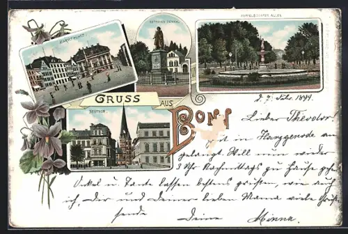 Lithographie Bonn, Neuthor, Beethoven Denkmal, Marktplatz