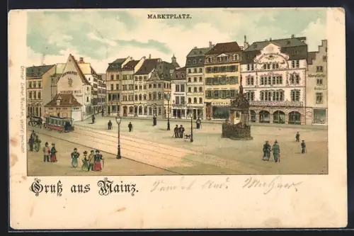 Lithographie Mainz, Marktplatz mit Pferdebahn