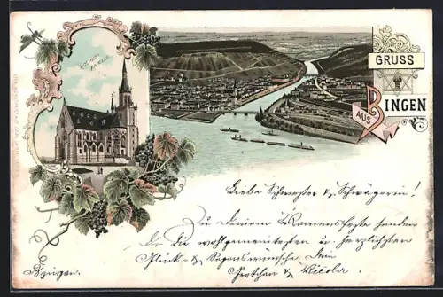 Lithographie Bingen / Rhein, Gesamtansicht aus der Vogelschau, Rochuskapelle