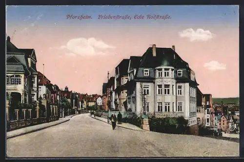 AK Pforzheim, Friedenstrasse, Ecke Rodstrasse mit Spaziergängern