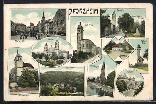 AK Pforzheim, Marktplatz, Schlosskirche, Kath. Kirche, Kupferhammer, Postamt und Seehaus