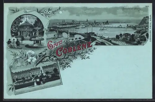 Lithographie Koblenz, Trinkhalle in den Rheinanlagen, Schloss, Ortspanorama