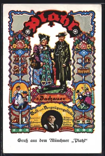 AK München, Gast- & Vergnügungsstätte Platzl, Inh. Weiss Ferdl, Paar in bayerischer Tracht