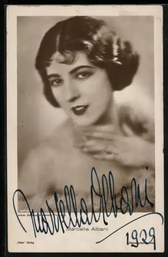 AK Schauspielerin Marcella Albani mit toller Frisur skeptisch blickend, Autograph