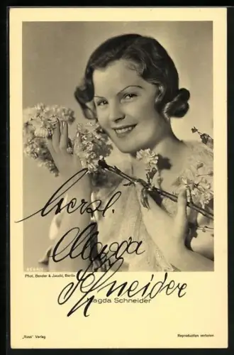 AK Schauspielerin Magda Schneider mit blühendem Zweig, Autograph
