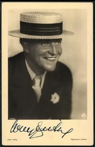 AK Schauspieler Willy Fritsch mit Strohhut, Autograph