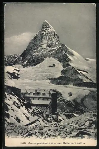 AK Gornergrathotel und Matterhorn im Schnee