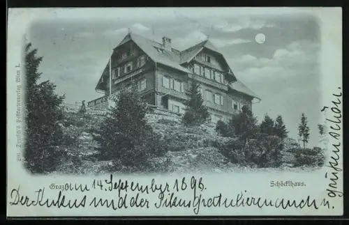 Mondschein-AK Schöcklhaus, Blick zur Berghütte