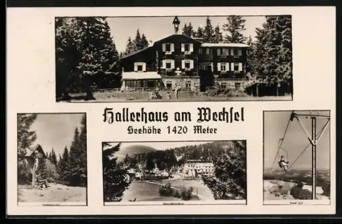 AK Hallerhaus, Berghütte am Wechsel, Seilbahn, Flurkreuz
